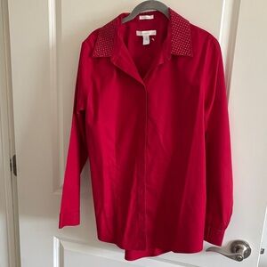 Chico’s No-Iron Red Long Sleeve Shirt with Embellished Collar